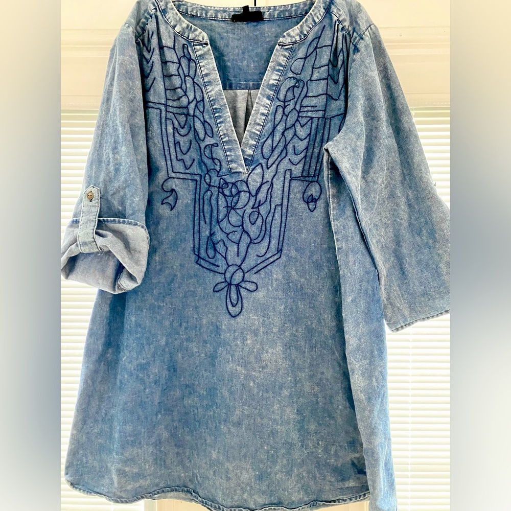 Denim Blouse with beautiful blue embroidered design.